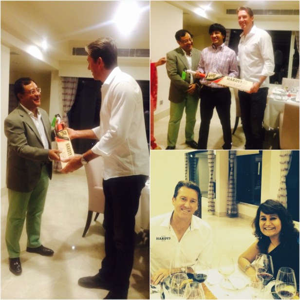 Glenn McGrath, brand ambassador of Hardys Wines presenting a memento to wine aficionado Rajiv Kehr, who had organised a private dinner in Glenn's honor.