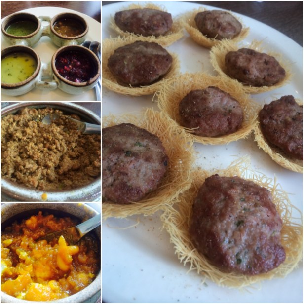 Chutneys made from cranberry, pineapple, spring onion & mint ; Hari mirch ka qeema Kacche keeme ki tikiya ; Aloo ka Zarda