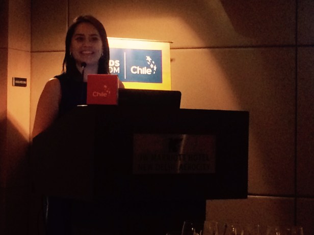 Carolina Vasquez, Director Prochile India speaking at the Chilean Wine Masterclass at JW Marriott New Delhi 