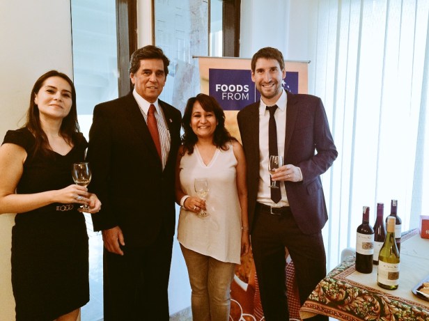 Launch of Cono Sur Bicicleta Cabernet Sauvignon by Sula Selections at Embassy of Chile New Delhi. With Carolina Vasquez Director ProChile India, H.E Andres Barbe Gonzalez Ambassador of Chile & Jose Tomas Gillet, Export Manager Asia Cono Sur