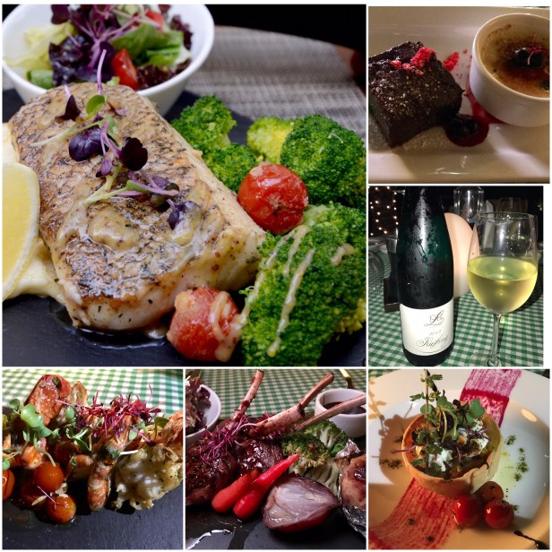 Grilled Sea Bass; Grilled Prawns; New Zealand Lamb Chops, Goat Cheese Tart, Dr Loosen Riesling, Dessert Platter with Creme Brulee & Valrhona Chocolate Mousse. 
