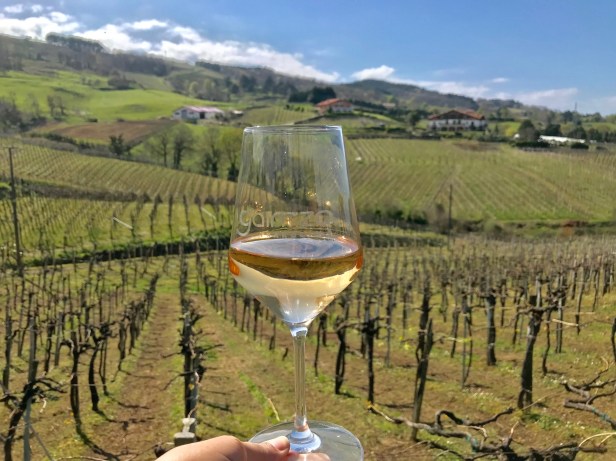 A Txakoli Rosé from Gaintza against a backdrop of the vineyards of Getaria